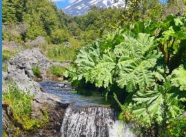 Vista al volcán con tinaja y río en Conguillío，位于库拉考廷的酒店