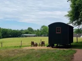 Shepherds hut surrounded by fields and the Jurassic coast