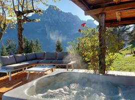 Gstaad Paradise View Chalet with Jacuzzi，位于Rougemont的山林小屋