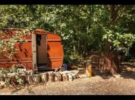 little vintage caravan with cosy log burner