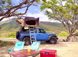 Embark on a journey through Maui with Aloha Glamp's jeep and rooftop tent allows you to discover diverse campgrounds, unveiling the island's beauty from unique perspectives each day，位于Haiku的豪华帐篷营地