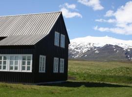 Cottage in malerischer Umgebung von Island auf einer grünen Wiese am Ende des Horizonts，位于海德纳尔的度假屋