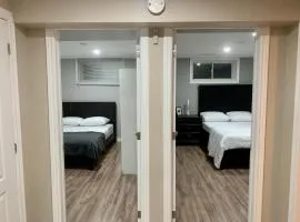 A bedroom in a basement