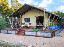 Hill Country Safari Tent and Recreational Pavilion and Cowboy Pool!，位于德里平斯普林斯的宠物友好酒店