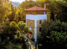 Steinturm mit Dach-Terrasse zwischen Fluß, Meer und Gebirge- Spiti Pirgos