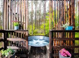 Domek lubiana180 SCANDI wśród drzew jacuzzi taras na dachu jezioro Kaszuby Pieski tylko do 10kg za dodatkową opłatą