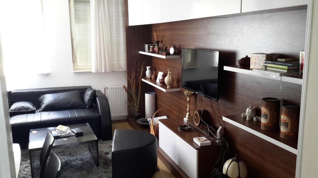 皮罗特Guest House Villa Krstic的客厅配有真皮沙发和电视