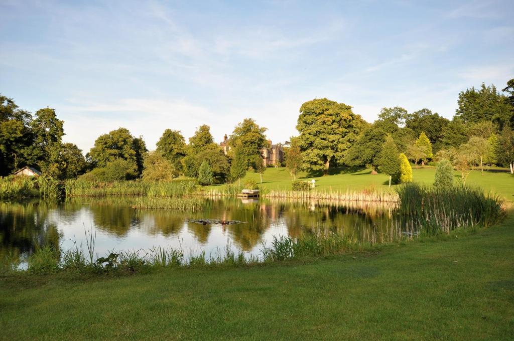 HurlfordCarnell Country Estate的享有树木公园池塘的景色