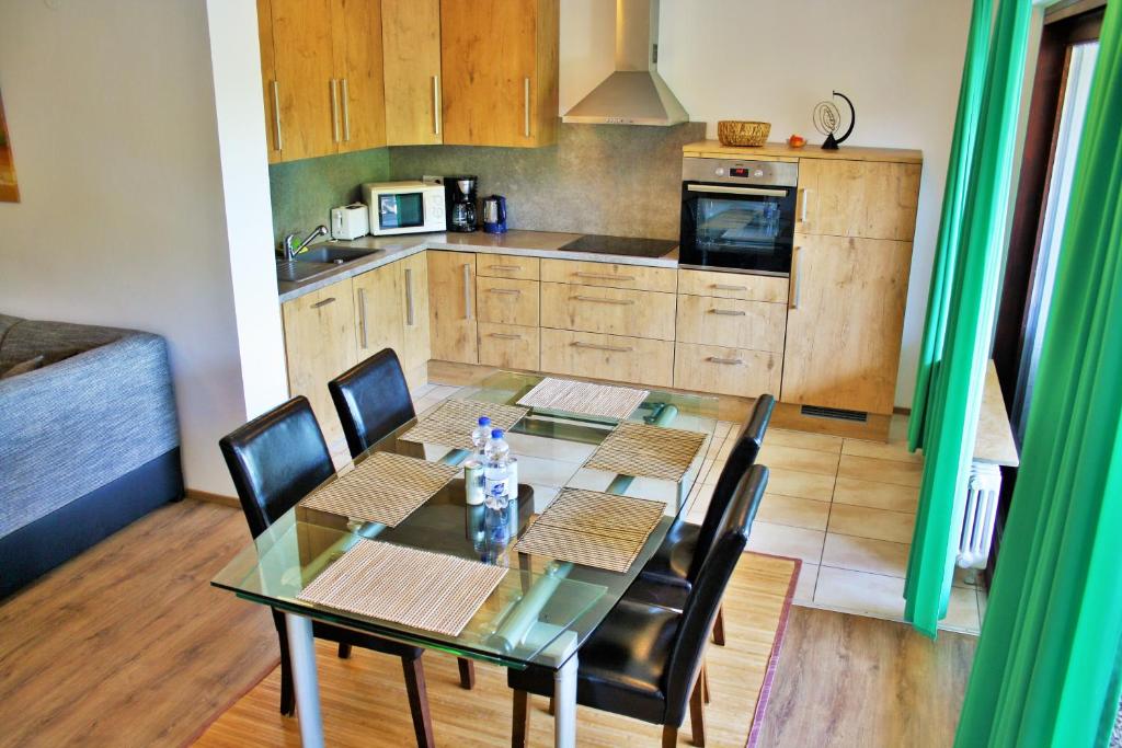 海德堡Apartment am Römerkreis的一间厨房,里面配有玻璃桌和椅子