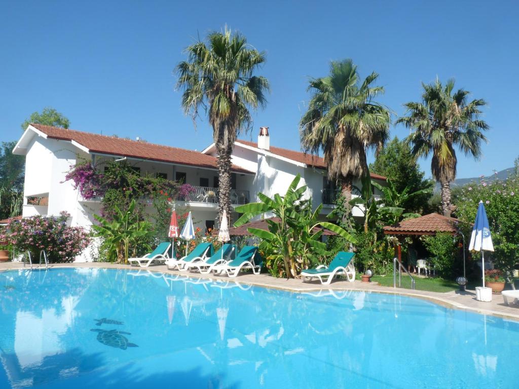 达利安Dalyan Garden Pension的棕榈树酒店前的大型游泳池