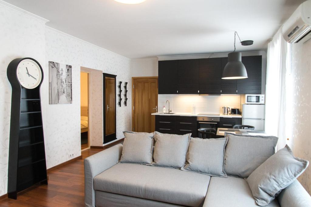 文茨皮尔斯A9A（织工9公寓）公寓的带沙发的客厅和厨房
