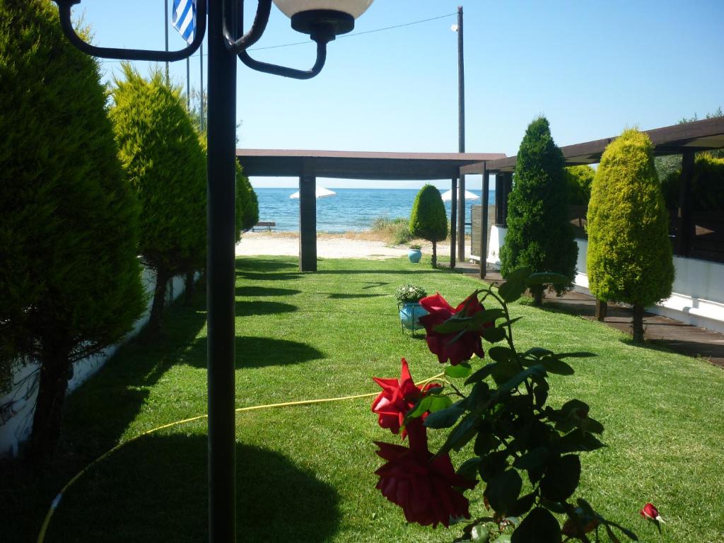 Tsoukalaíika迪米特拉酒店的享有海滩美景的花园