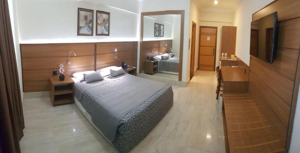 乌贝拉巴Tamareiras Prime Hotel的一间卧室配有一张床、一张书桌和一台电视