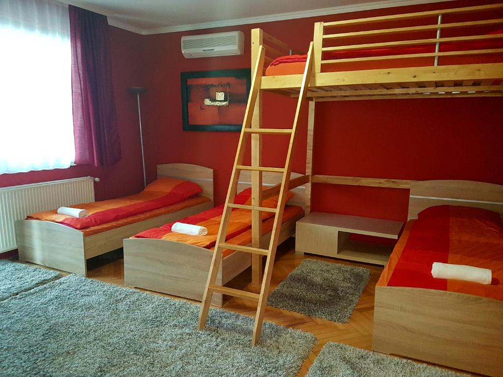 尼赖吉哈佐Alfrédó Delux Apartman Nyíregyháza-Sóstófürdő的一间卧室设有两张双层床和梯子