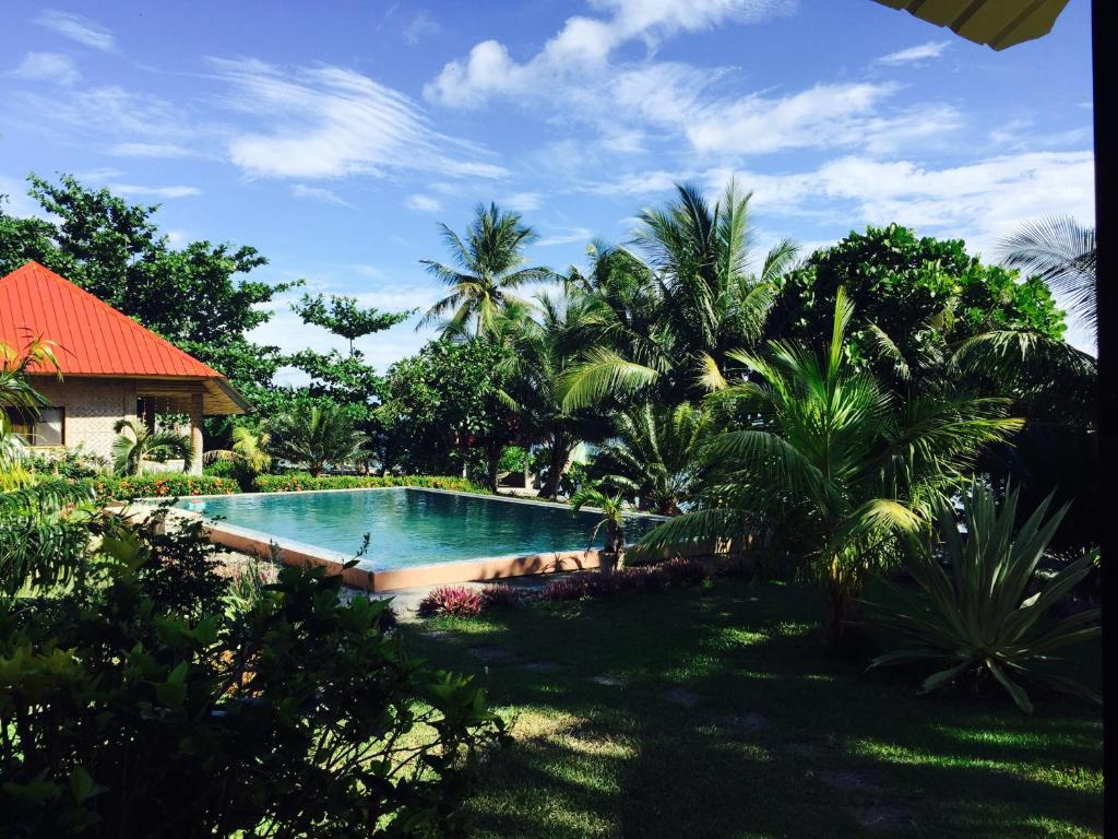 Pintuyan平图岩潜水度假村的棕榈树庭院内的游泳池