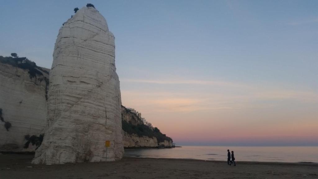 维耶斯泰Vista stupenda sul mare的两人站在海滩上,靠近白色悬崖