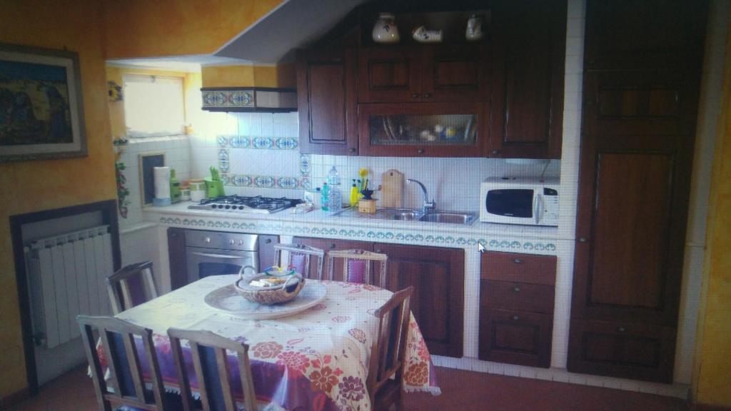 菲乌米奇诺河流公寓的厨房配有桌子和桌布