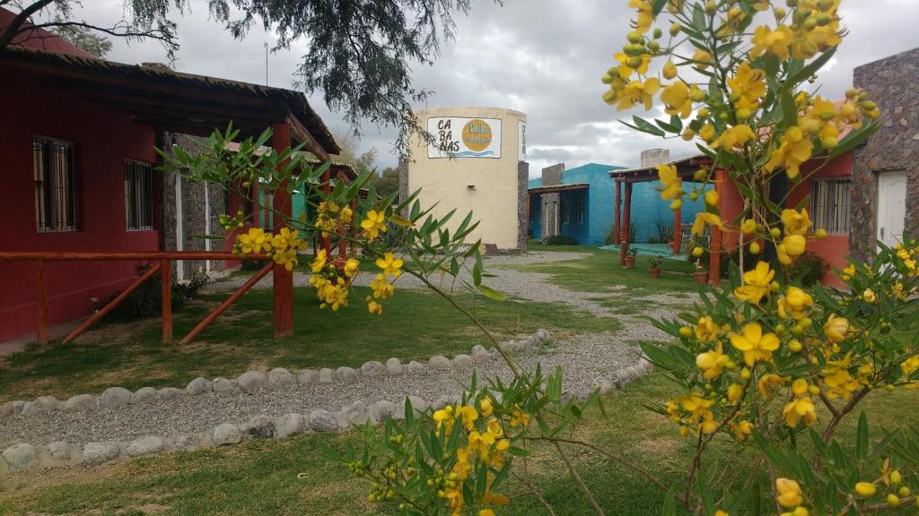 圣玛利亚Cabañas Valles Calchaquíes的一条在建筑前有黄色花的街道