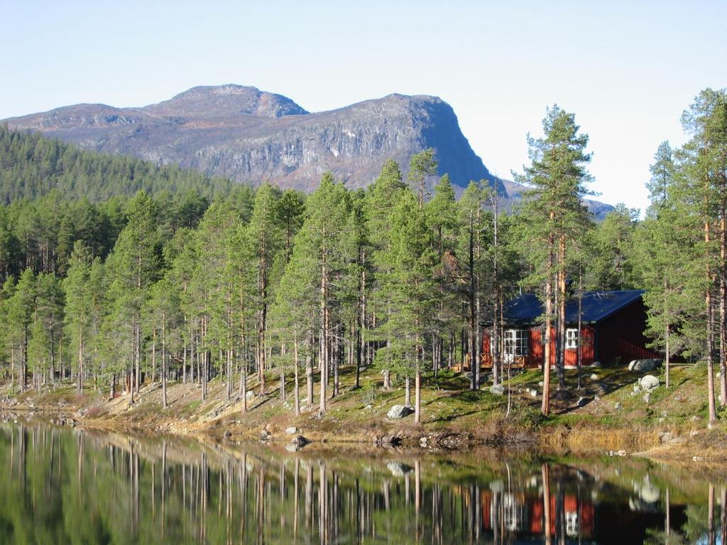 Kvikkjokks KapellÅrrenjarka Mountain Lodge的湖畔小山上的小屋
