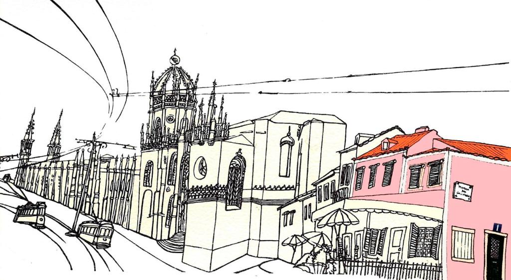 里斯本Atelier - House in Belém的教堂城市街道的插图