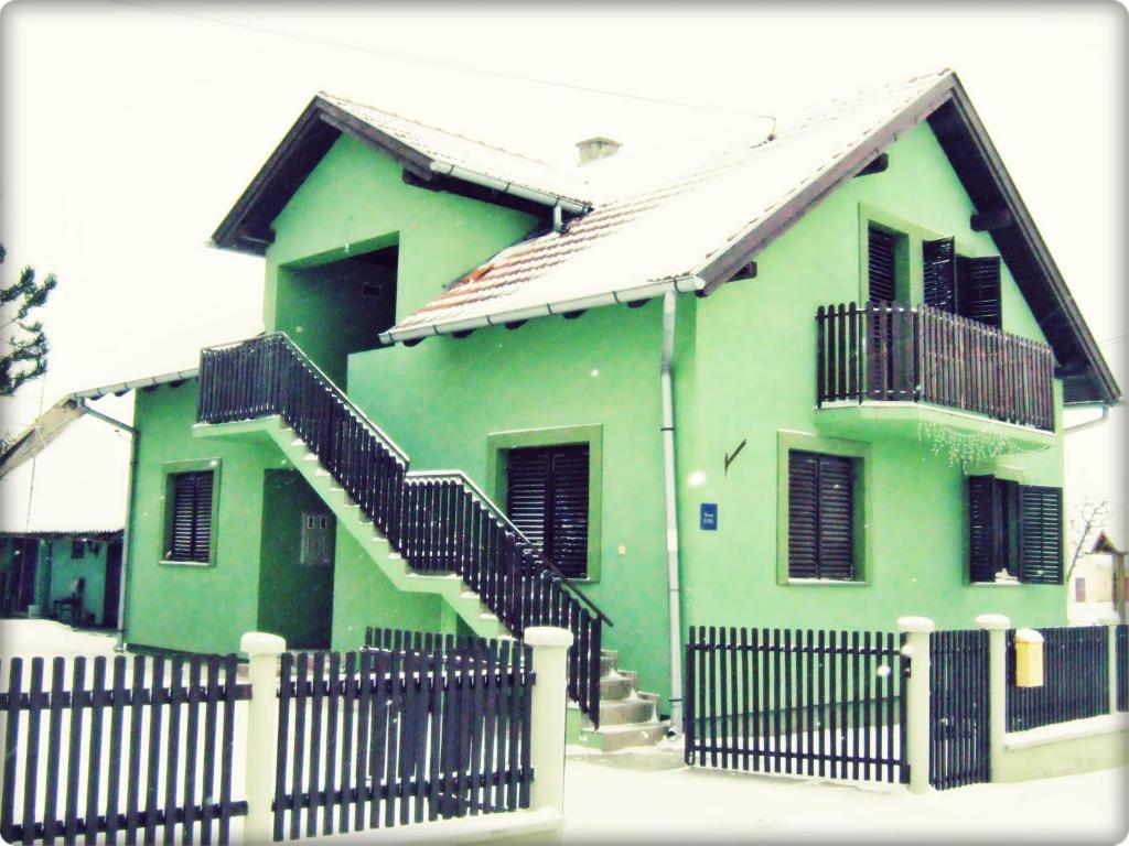GajićApartment Kostolic的前面有黑色围栏的绿色房子