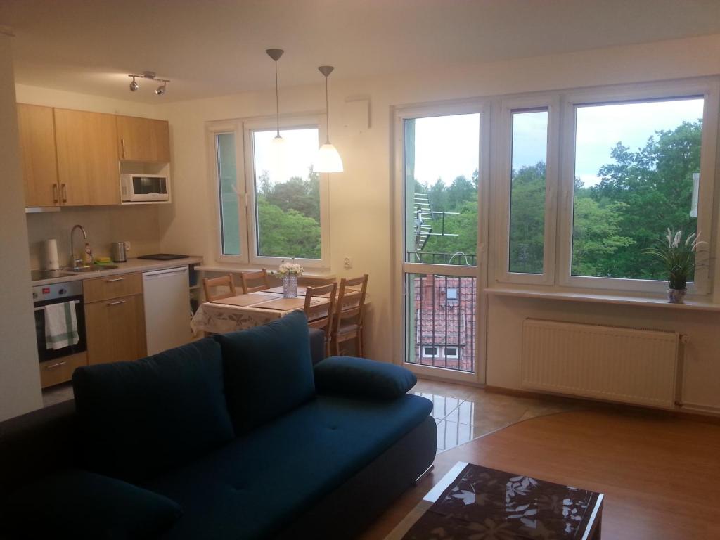姆热日诺Apartament Rega Mrzeżyno的一间带蓝色沙发的客厅和一间厨房