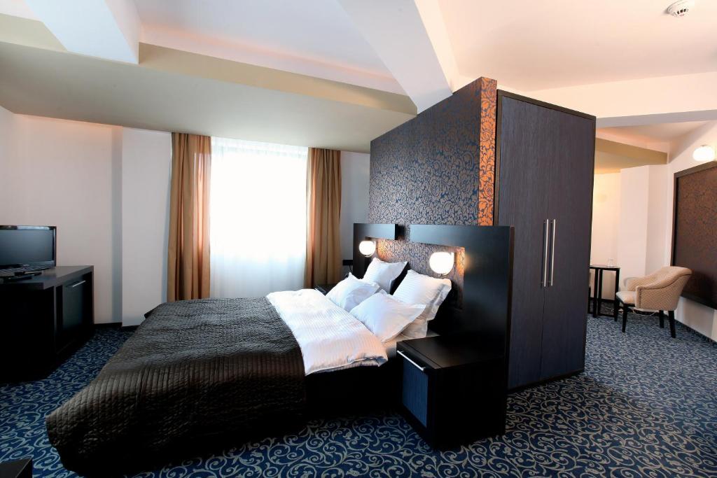 布加勒斯特安比恩斯酒店的酒店客房,配有床和电视