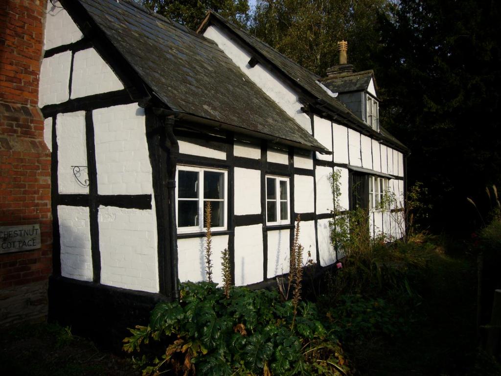 EardisleyChestnut Cottage的一座白色和黑色的旧房子,设有窗户