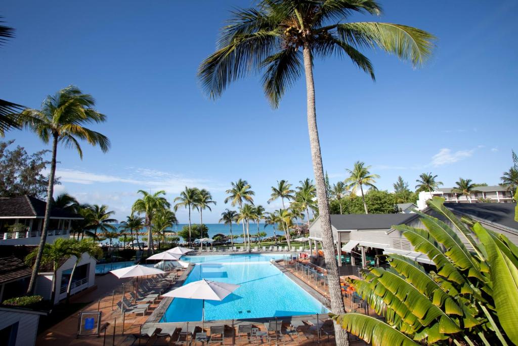 哥西尔红木公寓SPA酒店的享有度假村游泳池和棕榈树的空中景致