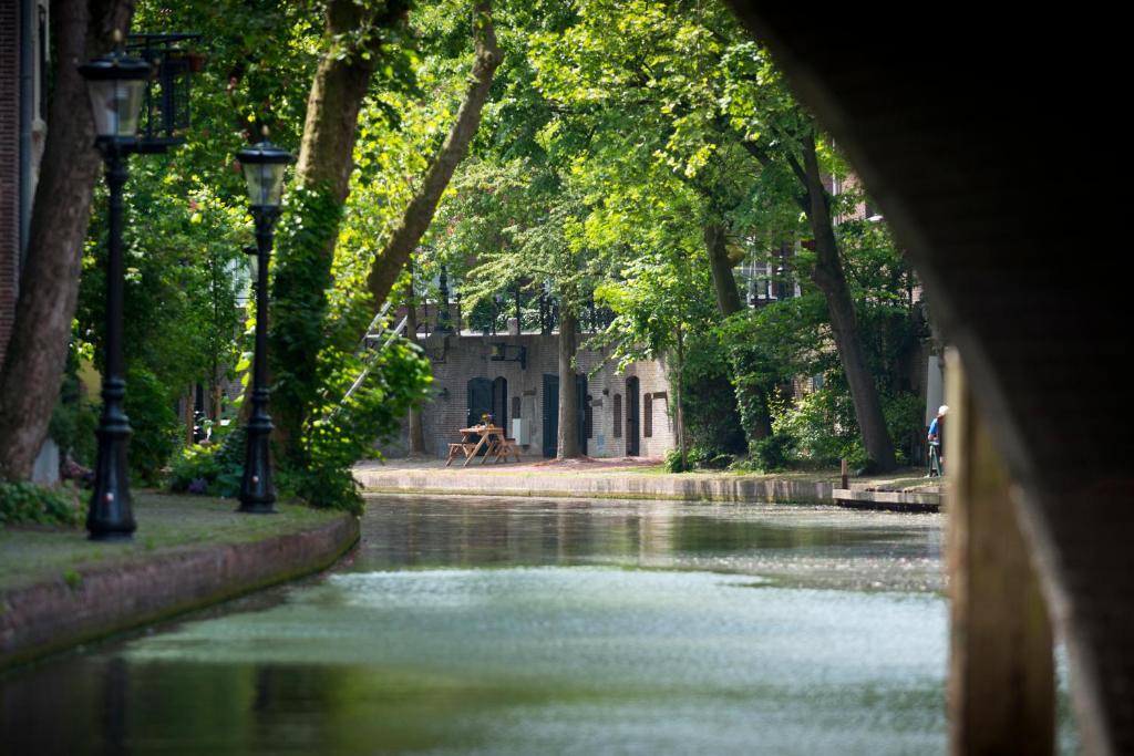 乌得勒支Hotel Oudegracht的树木公园内河流的景色