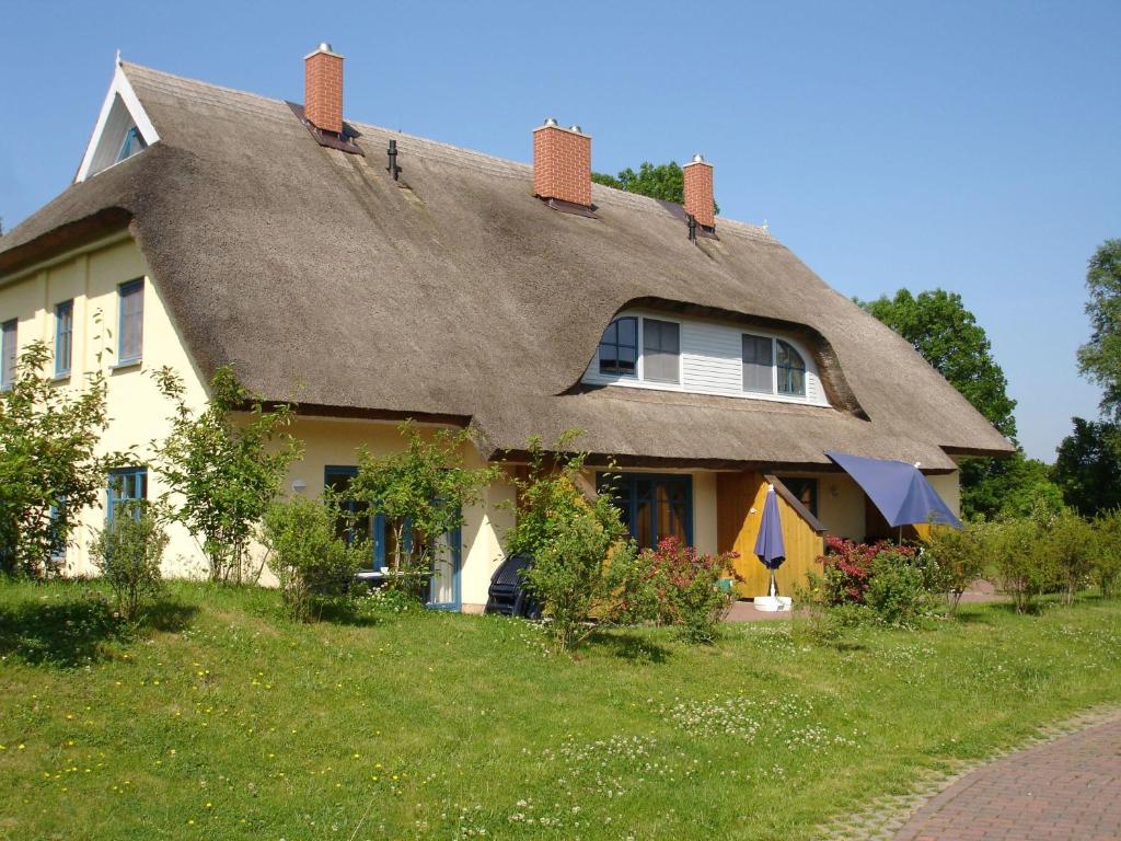 坡瑟利特兹Puddemin Haus Malve 2的草场上茅草屋顶的房子