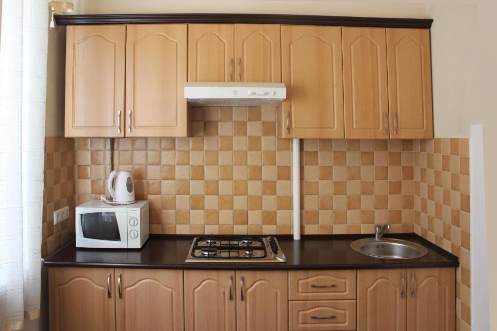 加里宁格勒Apartments on Tsentralnaya Ploshad的一间带木制橱柜和微波炉的小厨房