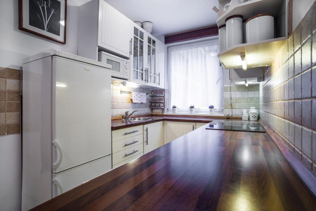 布达佩斯可爱考文公寓的一间铺有木地板并配有白色家电的大厨房