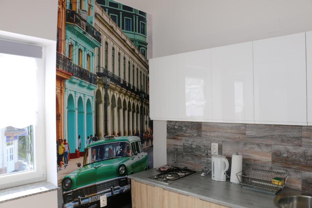 奥西耶克Luma 1的厨房墙上挂着一幅绿色汽车的画作