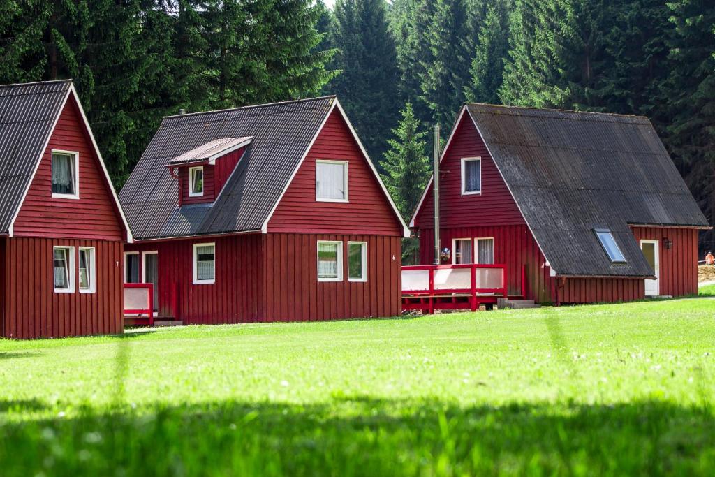 布赖滕布伦Erzgebirgsidyll的两个红色谷仓,在田野上设有黑色屋顶