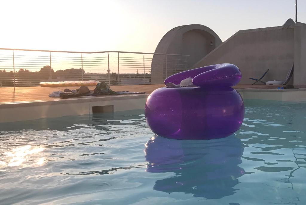 奥特朗托Residence gli olmi otranto的游泳池里的紫色木筏