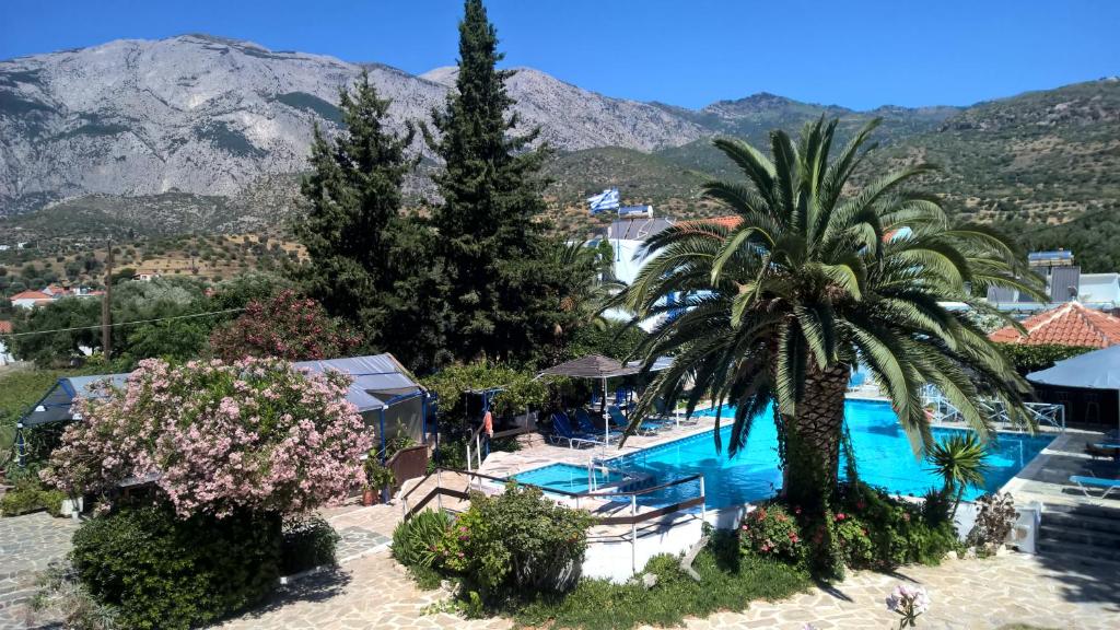 马拉松坎博斯Hotel Sofia的一座棕榈树和山脉环绕的游泳池
