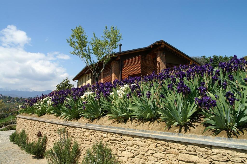 皮内罗洛Residenza la beccata的一座花园,在房子前有紫色和白色的花朵