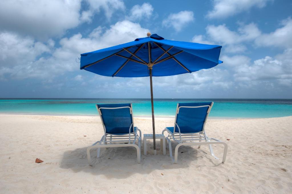 Shoal Bay VillageShoal Bay Villas的海滩上的两把椅子和一把遮阳伞