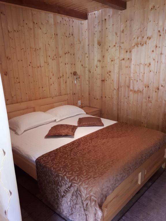 舒加格Pensiunea Casa David的木墙客房的两张床