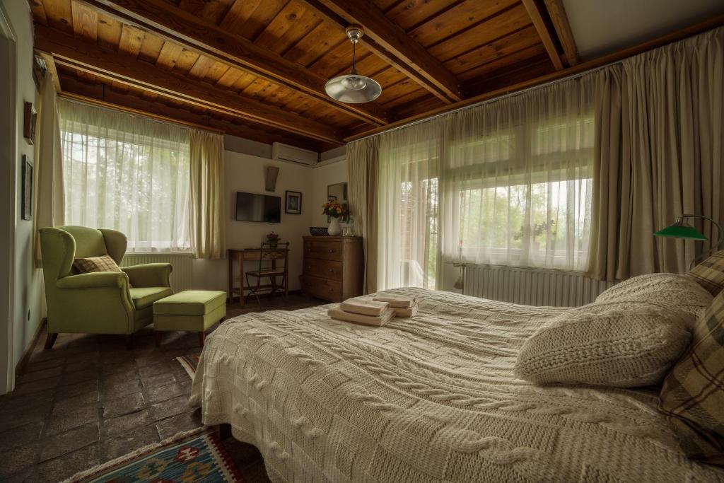 克韦什卡尔Káli Art Inn Panzió的一间卧室配有一张床、一把椅子和窗户。