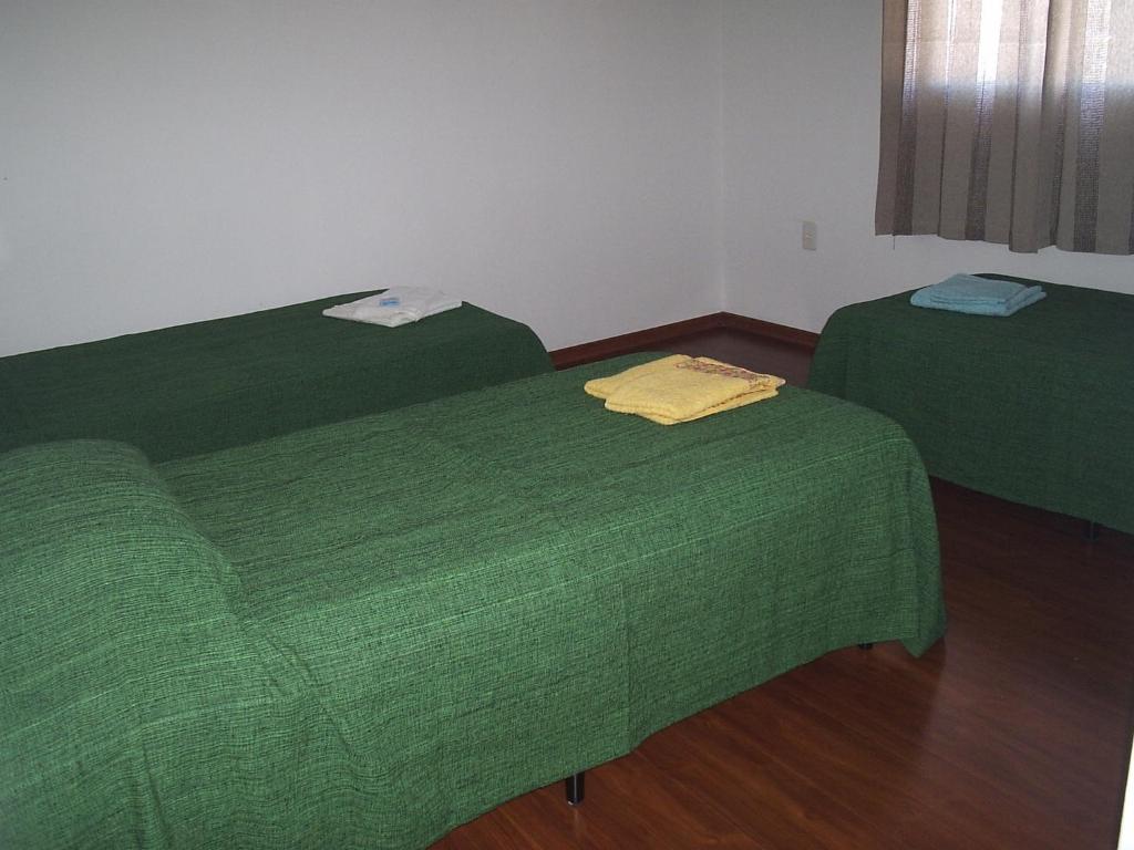 Resende CostaPousada Canto da Maritaca的铺有木地板的客房内的两张绿色的床