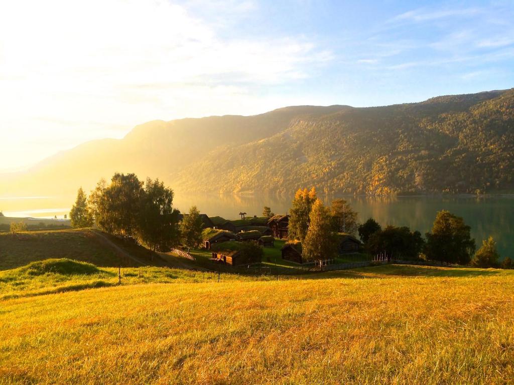 Storrvik斯通维克西咖德农家乐的一片草场,背景是湖泊和山脉