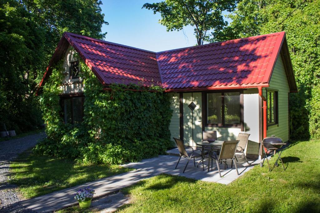 NurmeNurmeveski Holiday House的一座带红色屋顶、桌子和椅子的房子