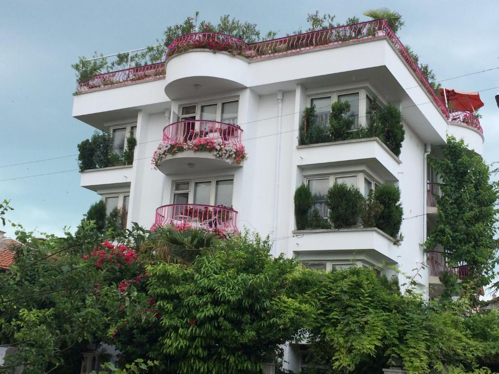 帕莫瑞Guesthouse JANA的白色的建筑,设有红色的阳台和鲜花