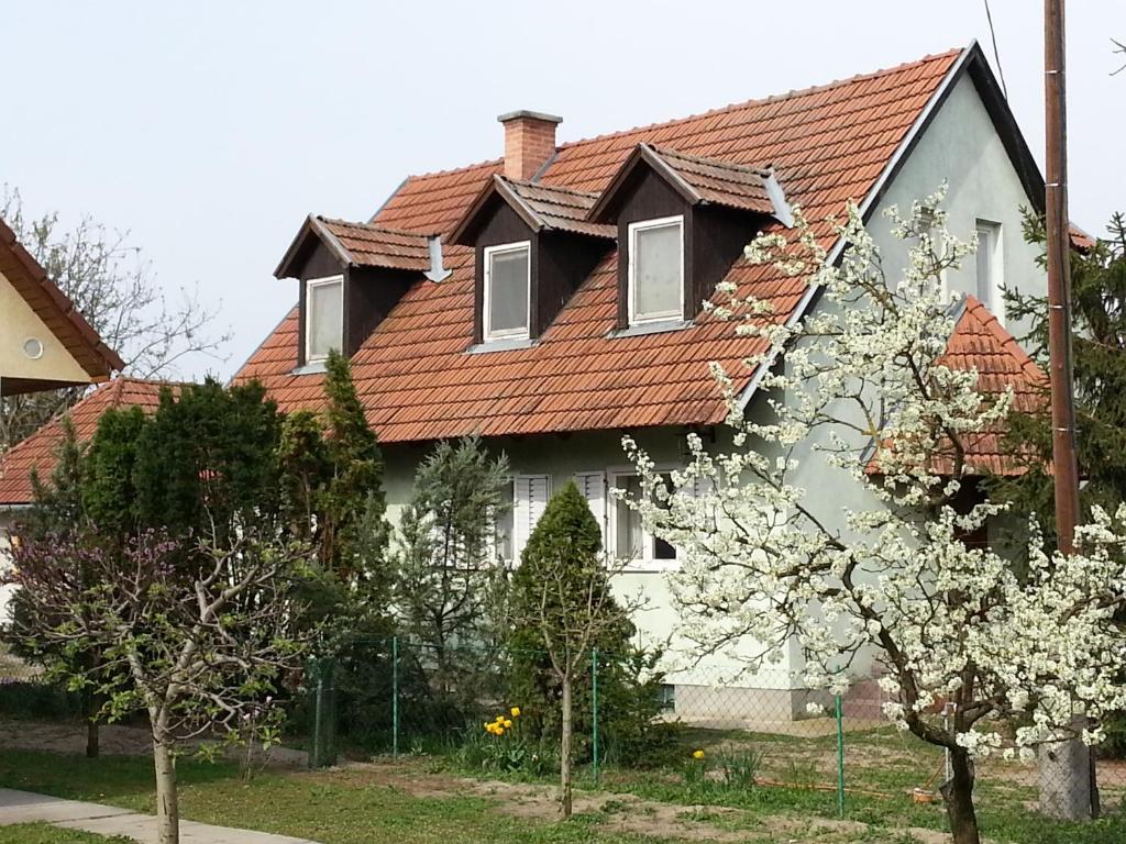 琼格拉德Gyula-tanya Vendégház的一座有红色屋顶和花卉树的房子