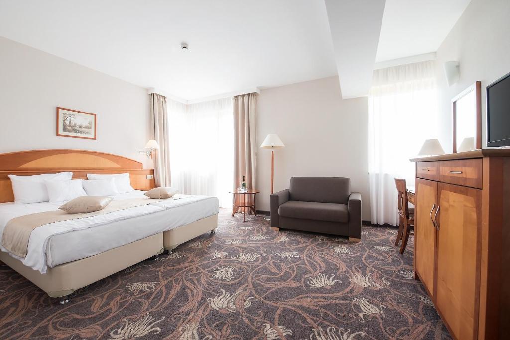 萨尔瓦尔萨尔瓦尔维塔尔梅德酒店的配有一张床和一把椅子的酒店客房