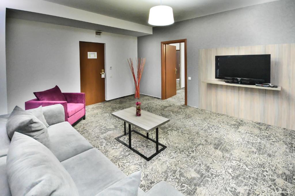 克拉约瓦欧罗佩卡酒店的客厅配有白色沙发和电视