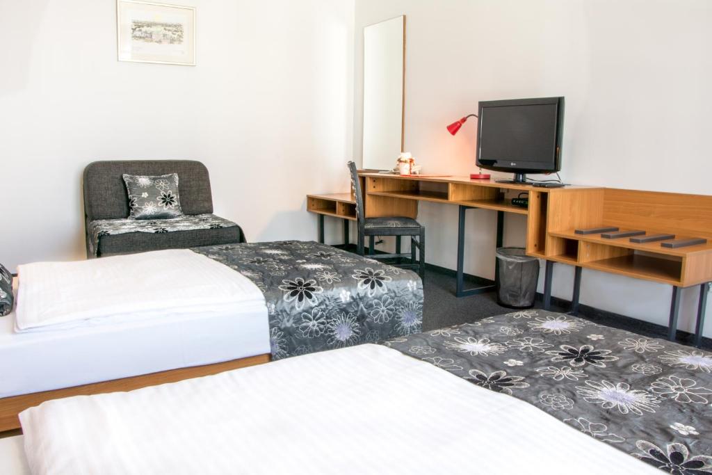萨格勒布德尔迷你夫酒店的客房设有两张床、一张桌子和一台电视机。