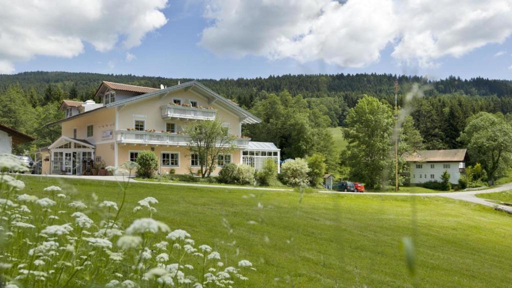 圣恩吉玛Landgasthof Hotel Zum Hirschenstein, Pension Garni的一座带绿地的山丘上的大型房屋